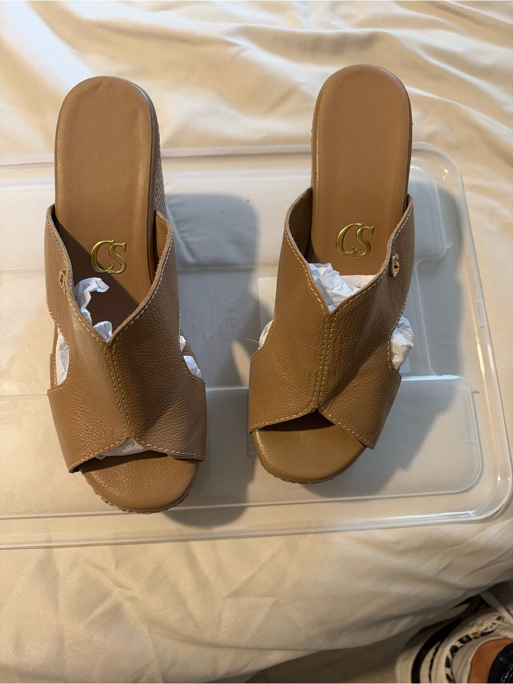 CS Club Tan Leather Slip-On Wedge Sandals - Tan